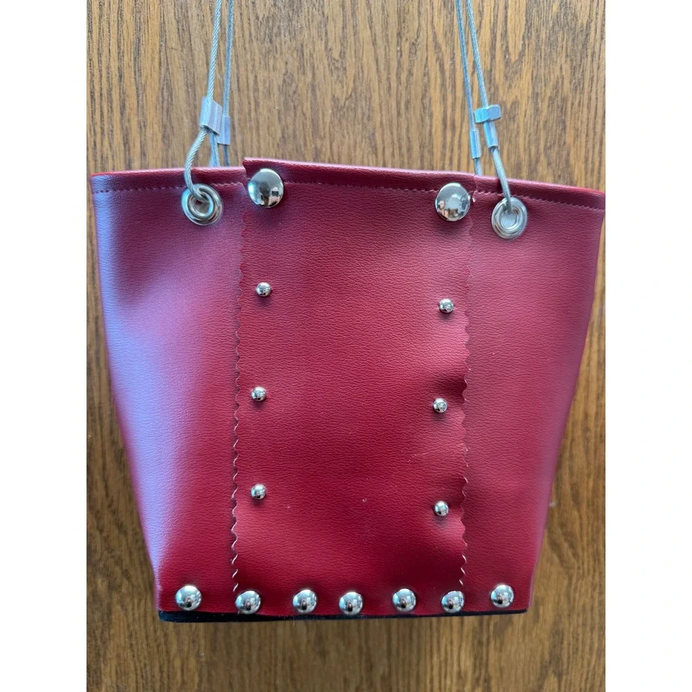 Hardwear by Renee Red Vegan Leather Studded Bucket Bag with Wire Cable Straps